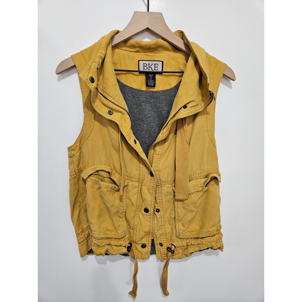 BKE Women Mustard Yellow Utility Cargo Vest Lyocell Zip Front Size Small Buckle